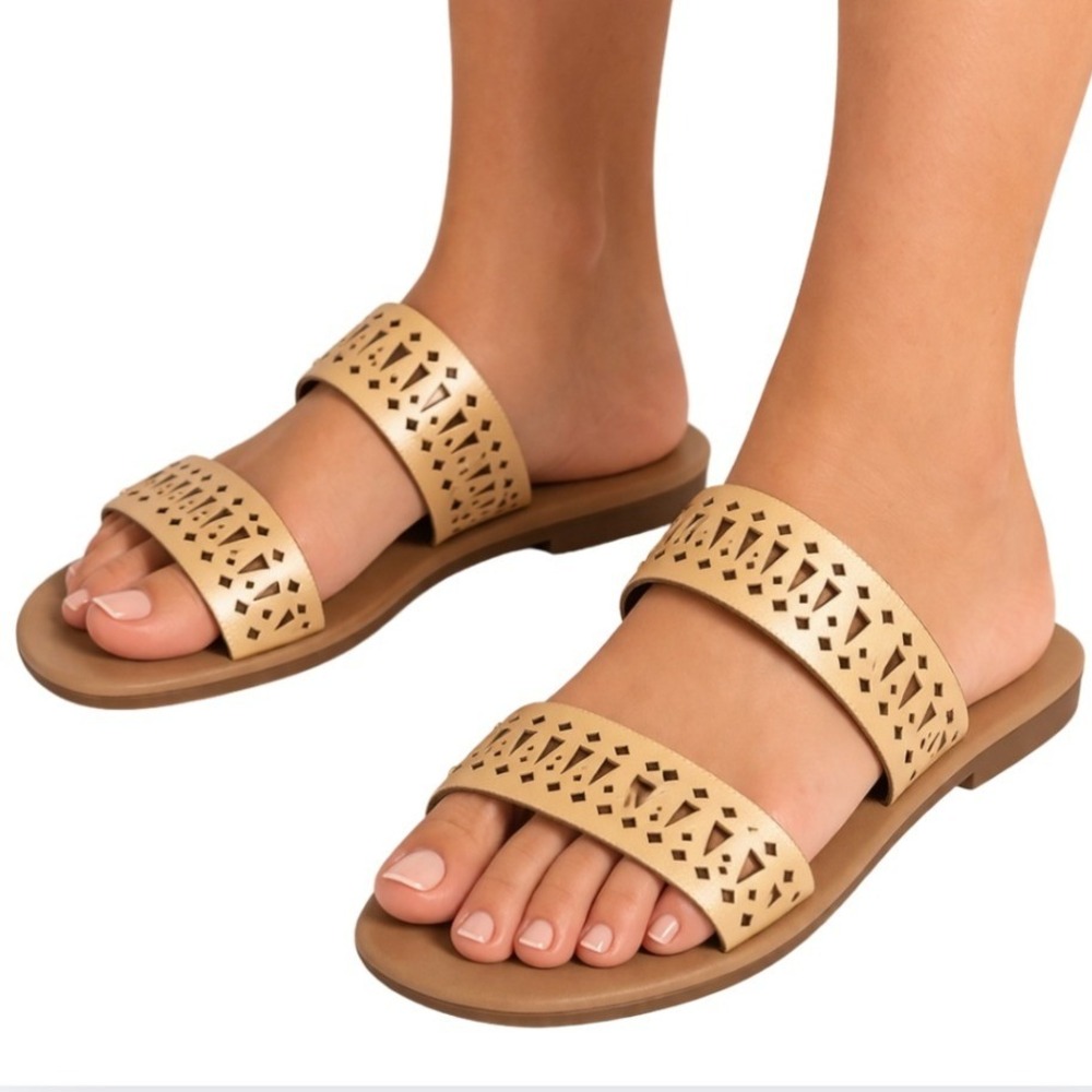 Billabong Crossing Over Tan Laser Cut Double‎ Strap Slide Sandals Womens Size 8